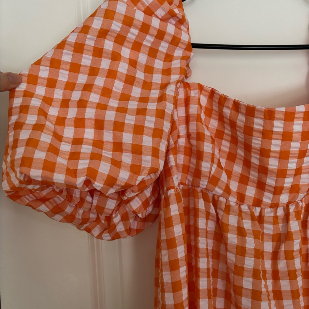Orange Gingham Puff Sleeve Dress - Picture 3 of 6